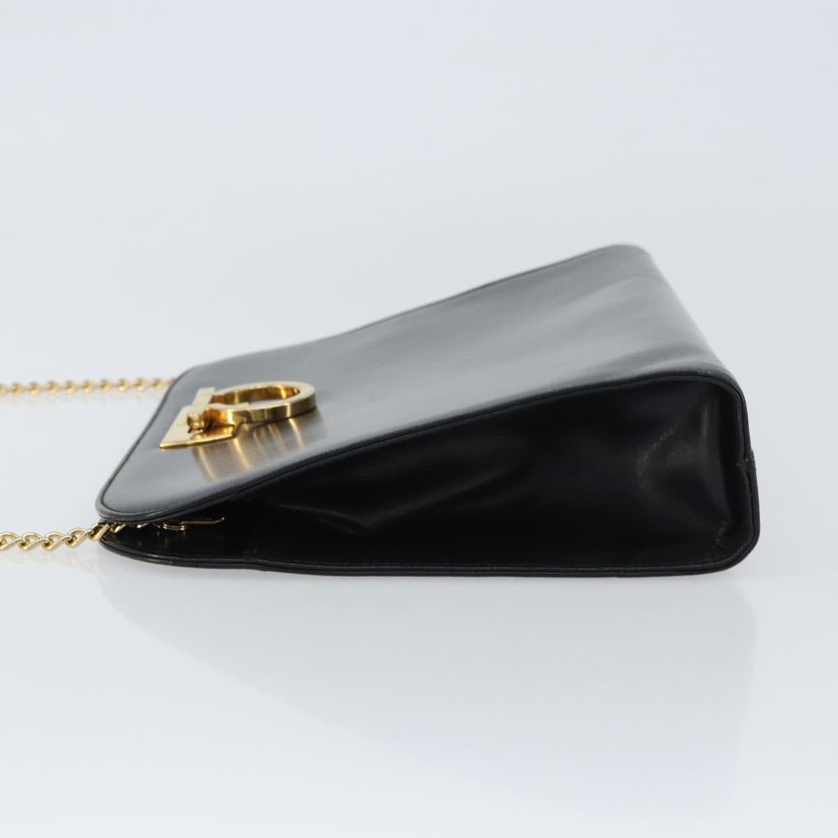 Salvatore Ferragamo Gancini Chain Shoulder Bag Leather Black Gold Auth 159235