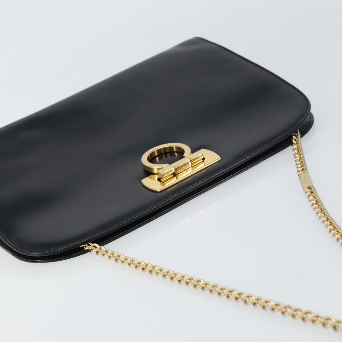 Salvatore Ferragamo Gancini Chain Shoulder Bag Leather Black Gold Auth 159235