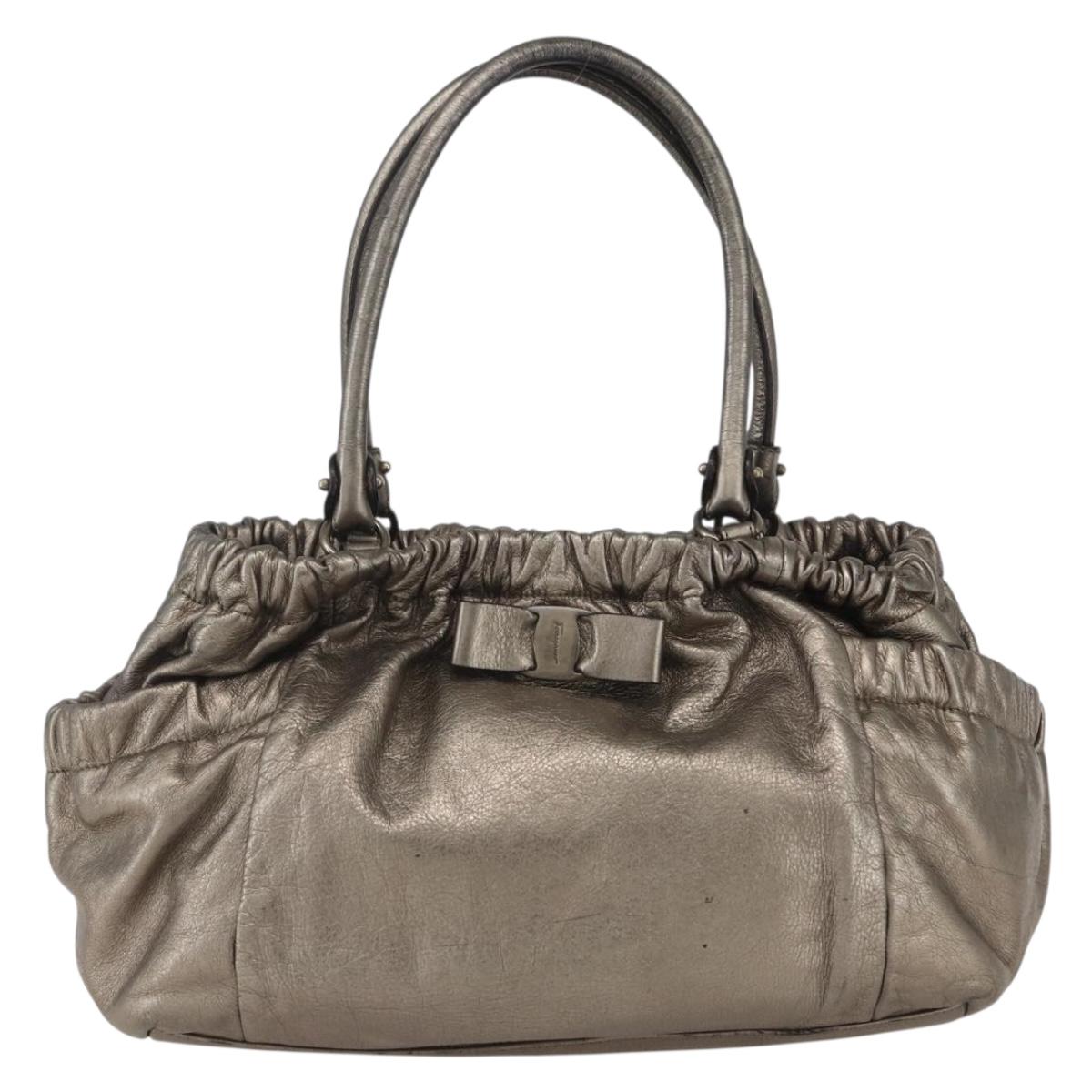 Salvatore Ferragamo Vala Hand Bag Leather Gold Tone Auth 159256
