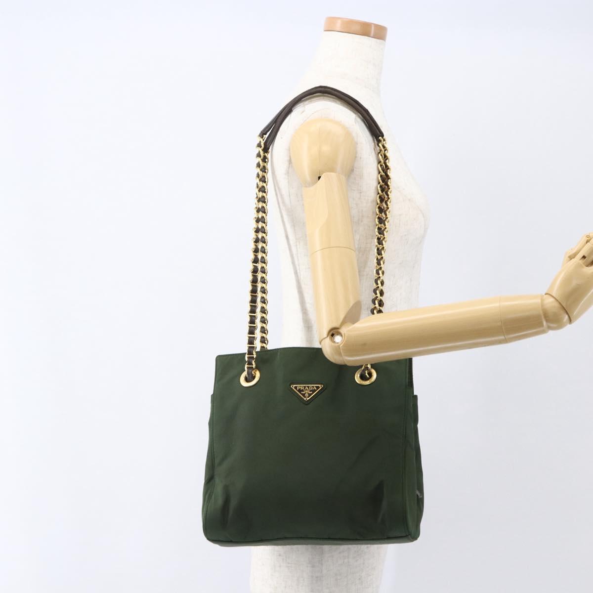 PRADA Chain Shoulder Bag Nylon Green Gold Auth 159258