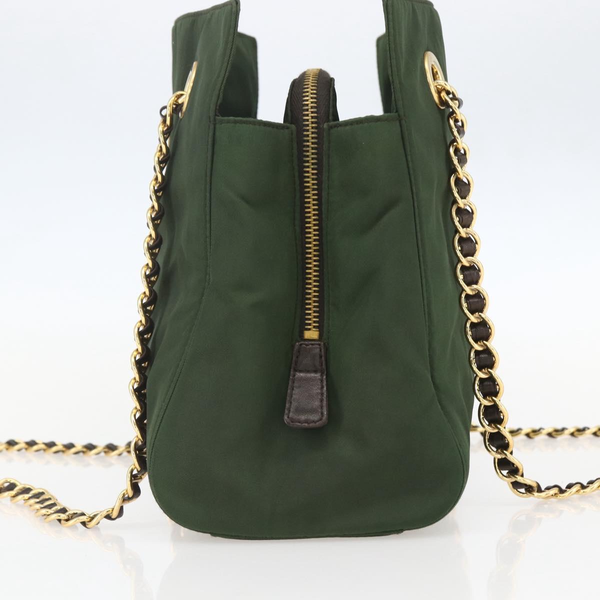 PRADA Chain Shoulder Bag Nylon Green Gold Auth 159258