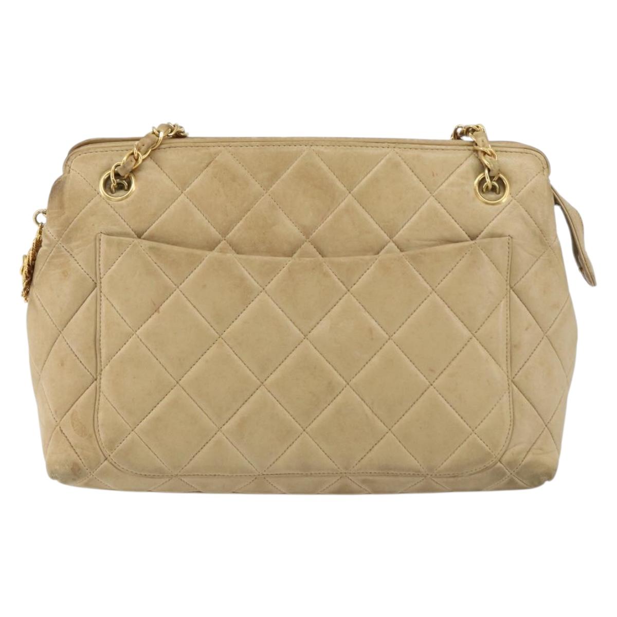 CHANEL Matelasse Chain Shoulder Bag Leather Beige Gold CC Auth 159264