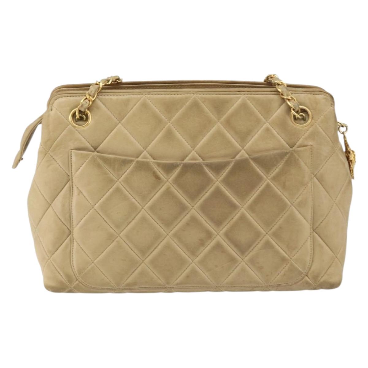 CHANEL Matelasse Chain Shoulder Bag Leather Beige Gold CC Auth 159264