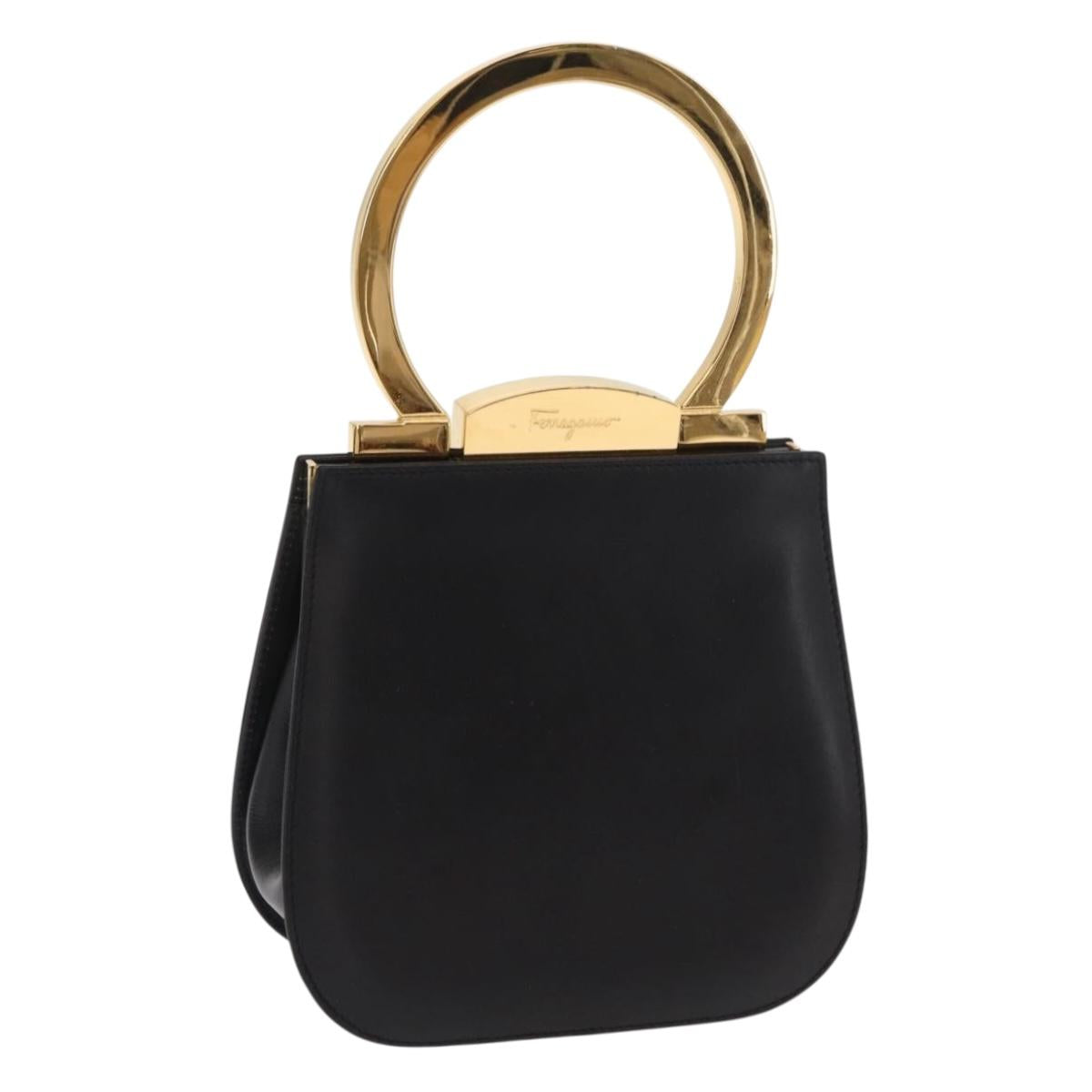 Salvatore Ferragamo Gancini Hand Bag Leather Black Gold Auth 159266V