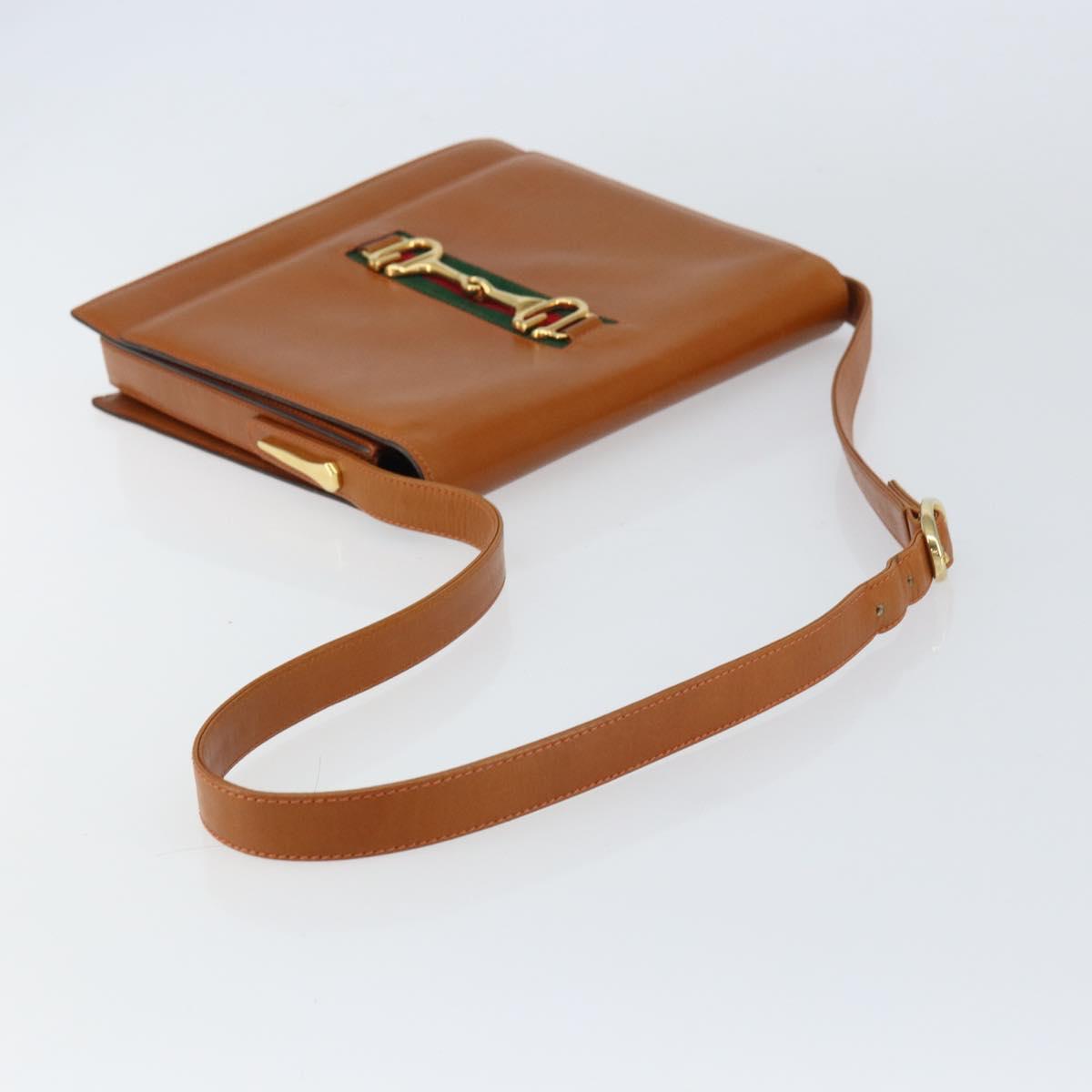 GUCCI Web Sherry Line Horsebit Shoulder Bag Leather Brown Gold Red Auth 159268