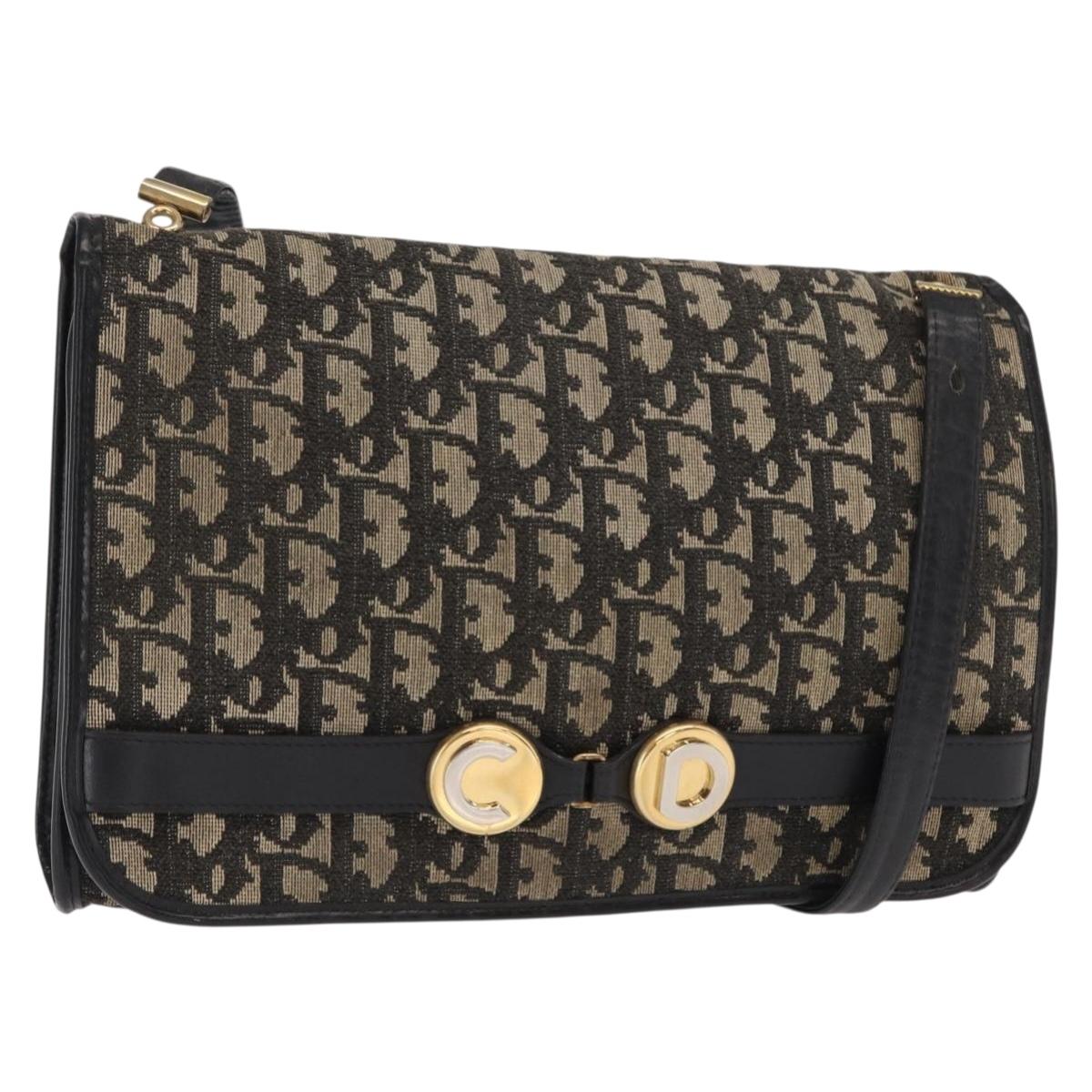 Christian Dior Trotter Canvas Shoulder Bag Black Gold Auth 159274