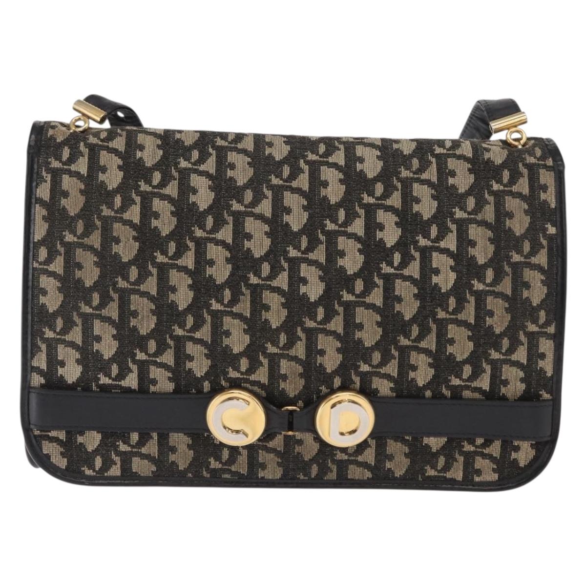 Christian Dior Trotter Canvas Shoulder Bag Black Gold Auth 159274