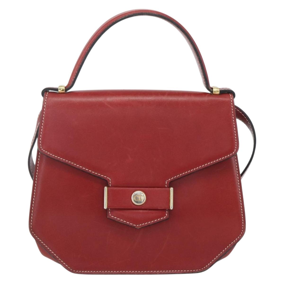 Christian Dior Hand Bag Leather 2way Red Gold Auth 159290