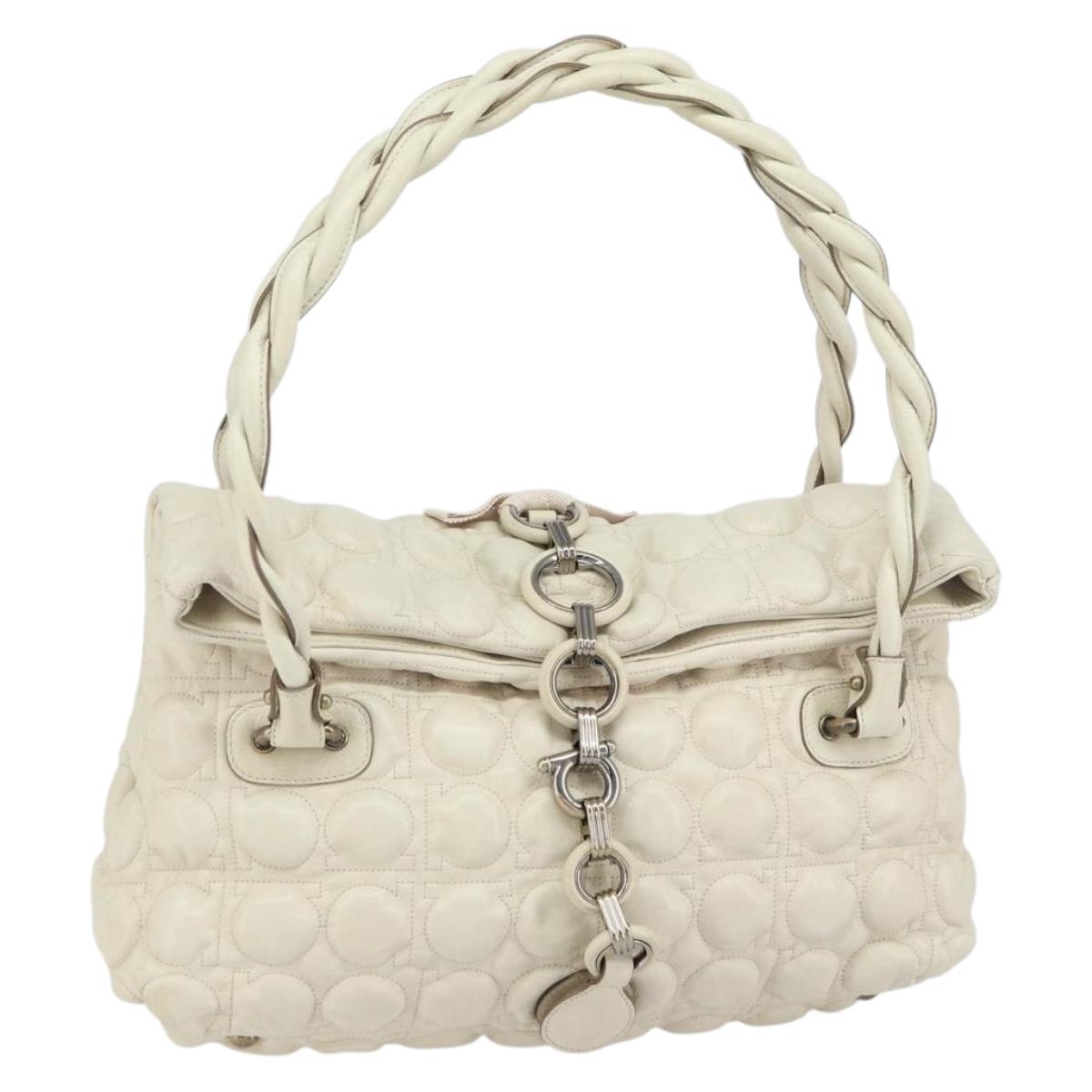 Salvatore Ferragamo Gancini Shoulder Bag Leather Ivory Gold Auth 159297