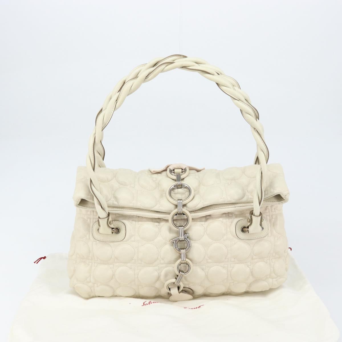 Salvatore Ferragamo Gancini Shoulder Bag Leather Ivory Gold Auth 159297