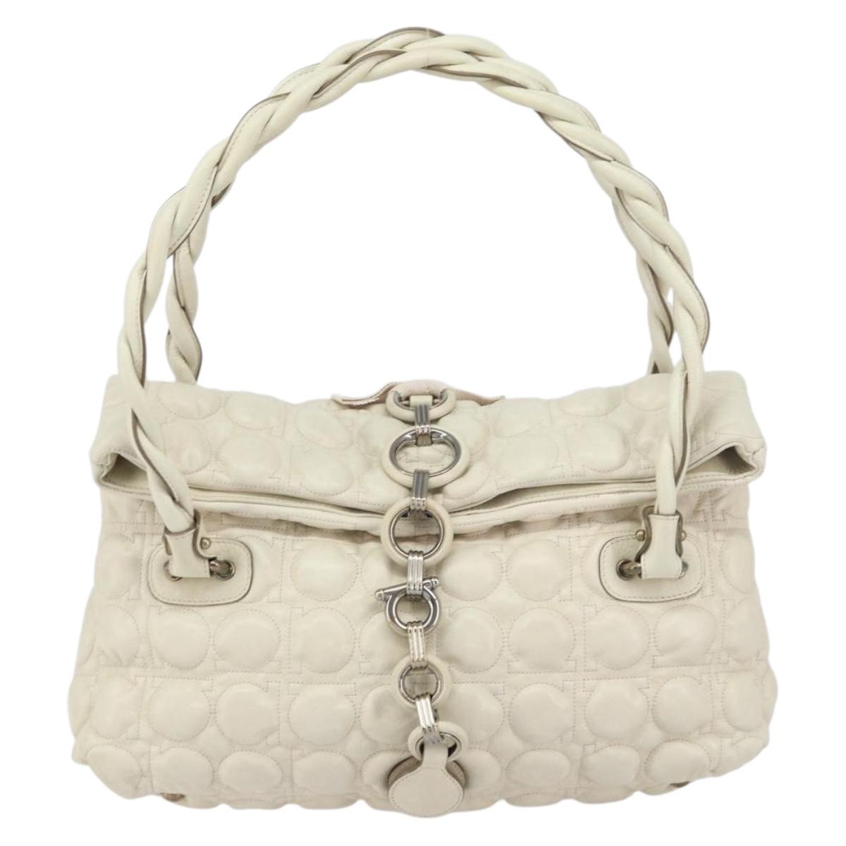 Salvatore Ferragamo Gancini Shoulder Bag Leather Ivory Gold Auth 159297