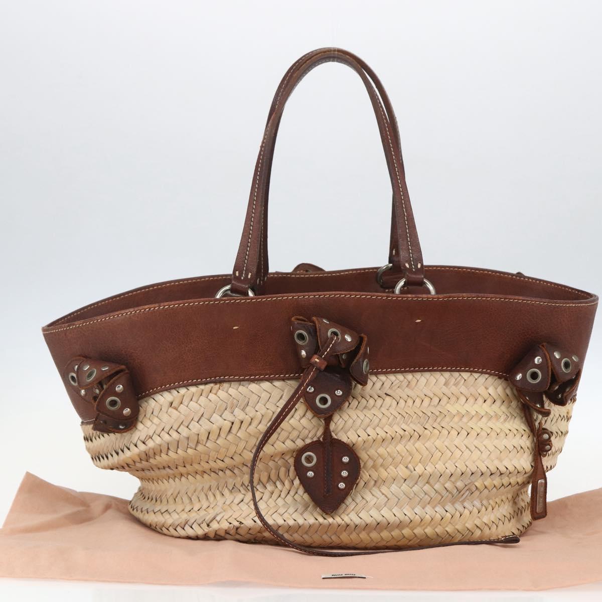 Miu Miu Hand Bag Raffia Beige Silver Auth 159300V