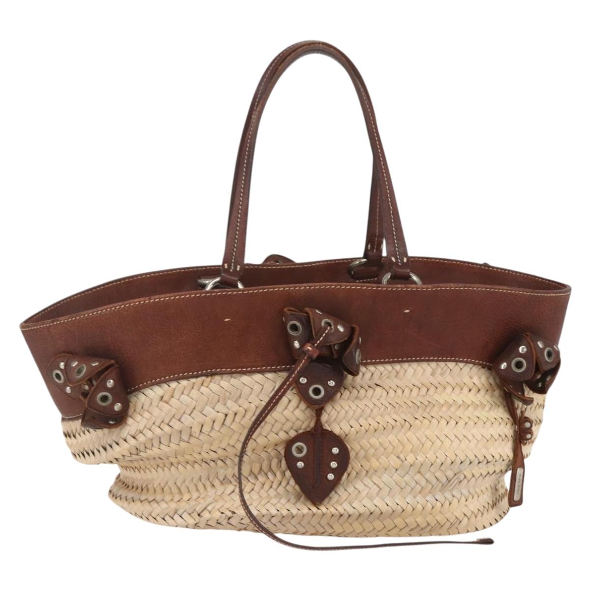 Miu Miu Hand Bag Raffia Beige Silver Auth 159300V