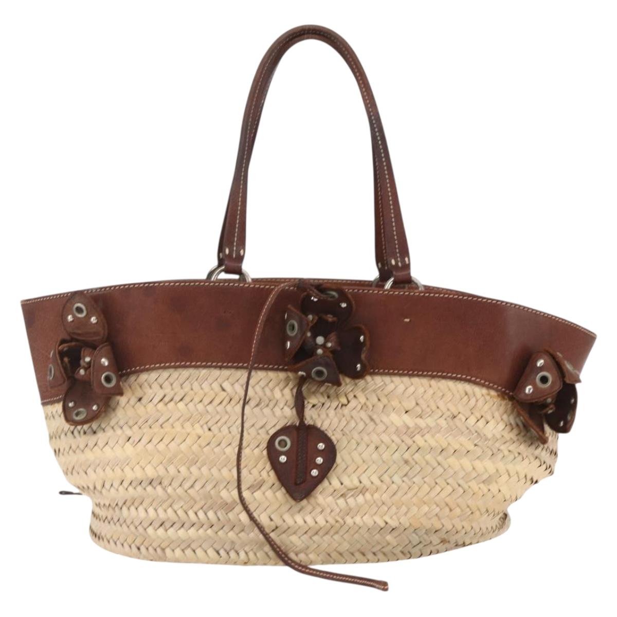 Miu Miu Hand Bag Raffia Beige Silver Auth 159300V