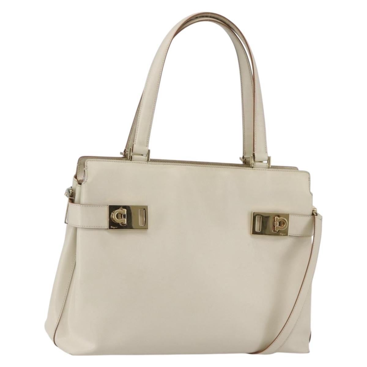 Salvatore Ferragamo Gancini Tote Bag Leather Ivory Gold Auth 159310