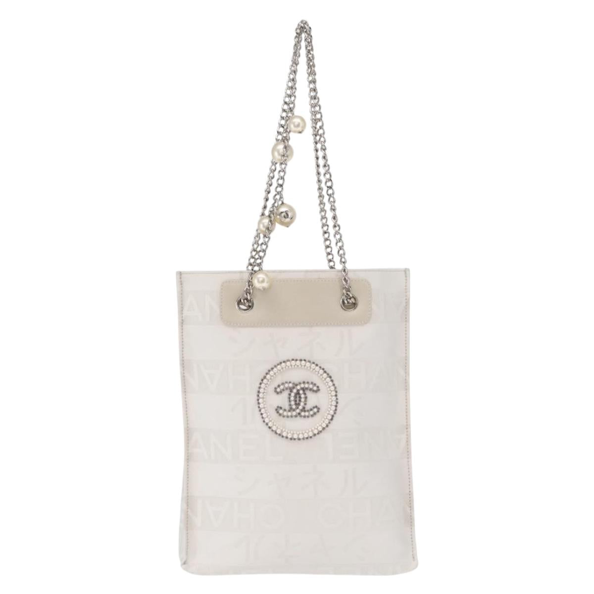 CHANEL Chain Shoulder Bag Nylon White Silver CC Auth 159317SAM