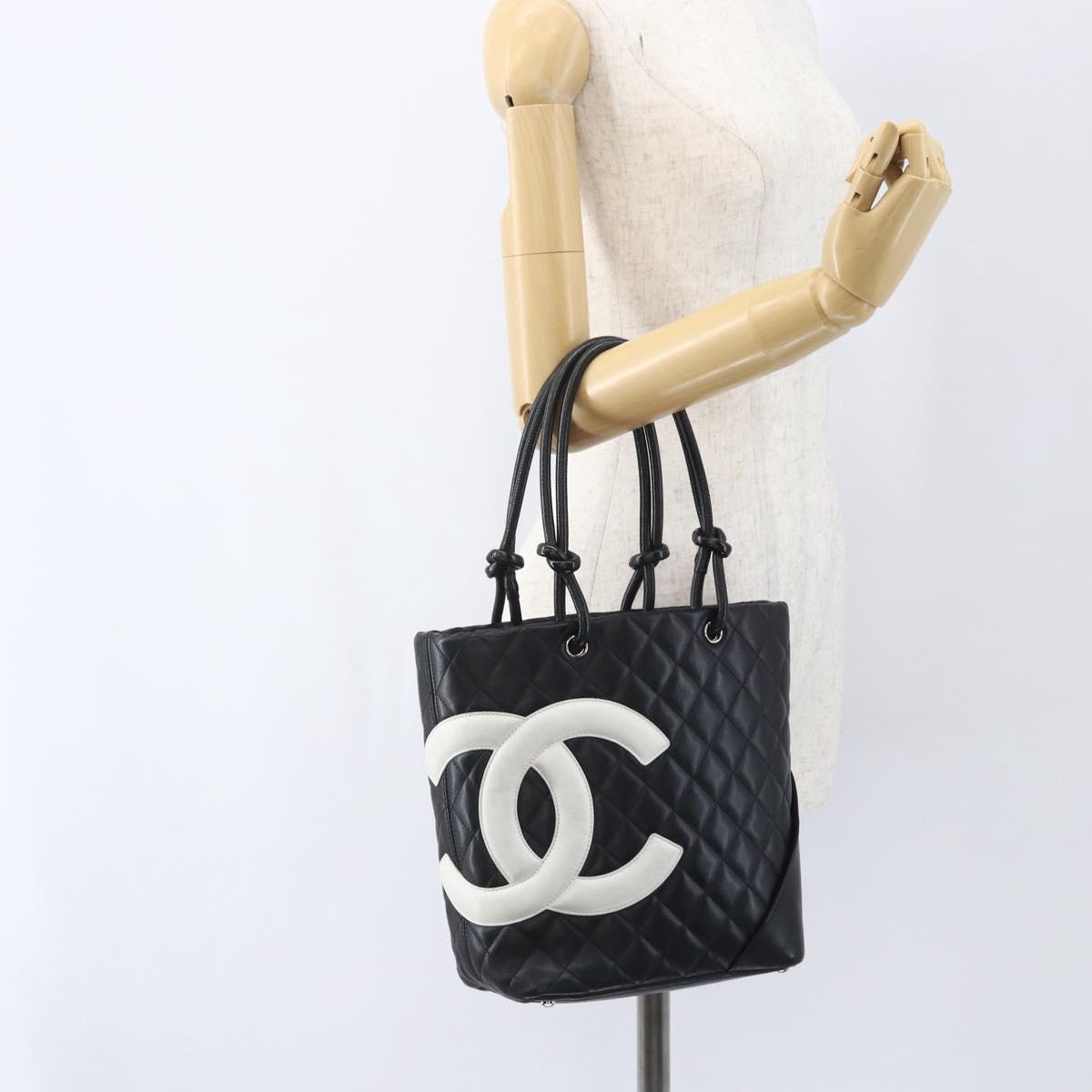 CHANEL Cambon Line Matelasse Medium Tote Bag Leather Black CC Auth 159319SAM