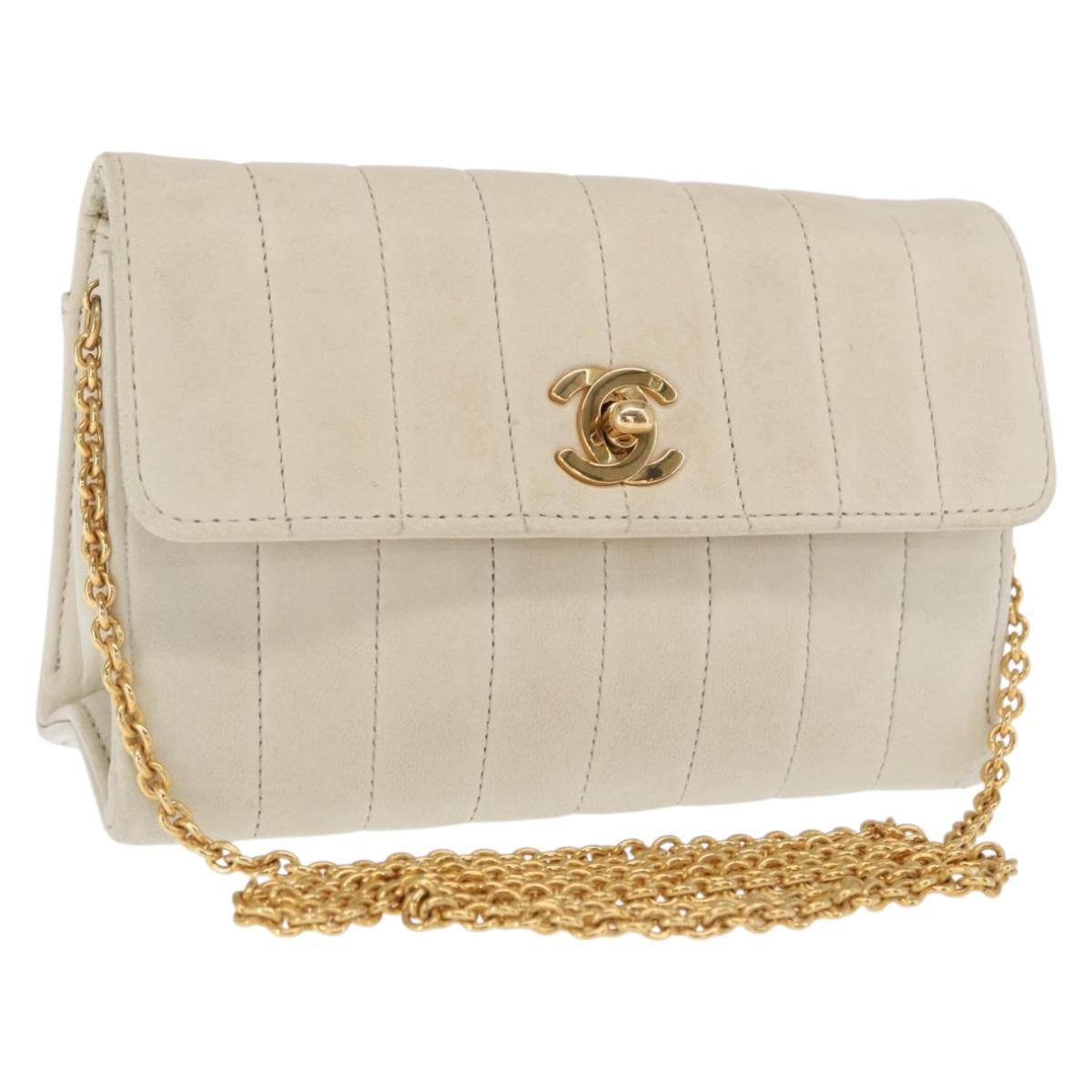 CHANEL Mademoiselle Chain Shoulder Bag Leather Ivory Gold CC Auth 159320A