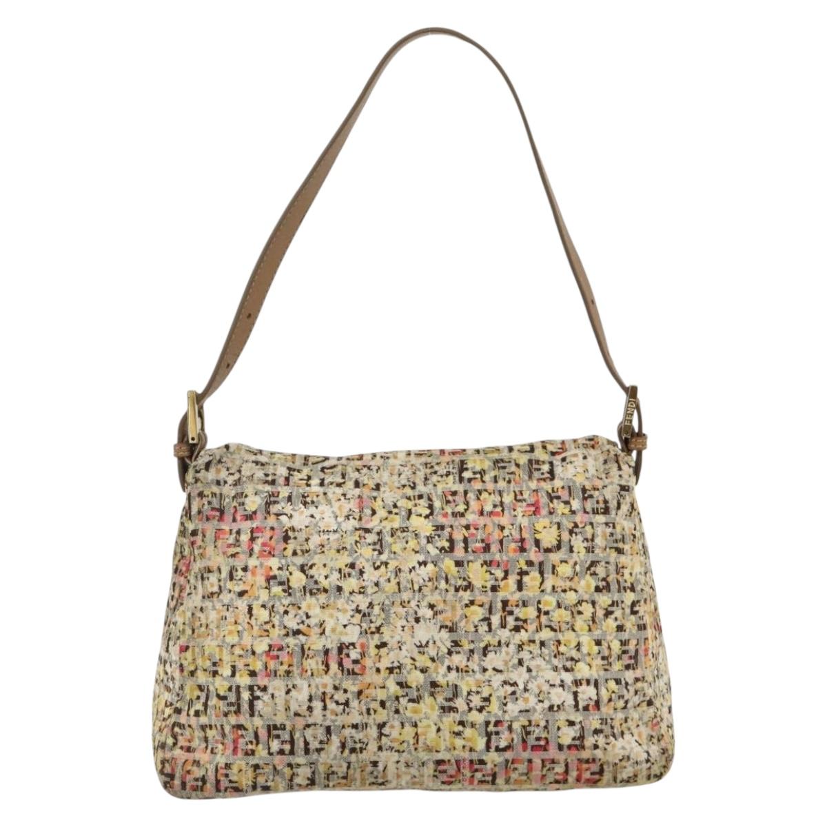 FENDI Zucchino Canvas Mamma Baguette Shoulder Bag Beige Gold Auth 159330SAV