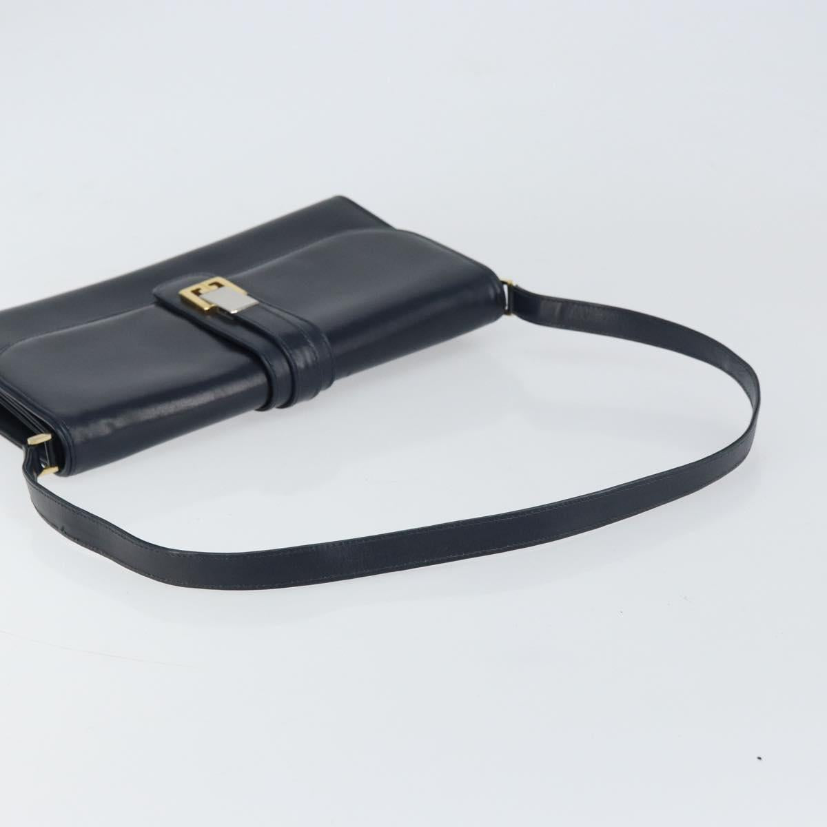 GUCCI Shoulder Bag Leather Navy Gold Auth 159335