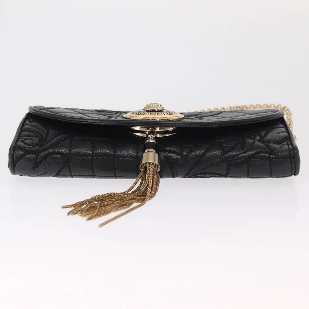 Gianni Versace Chain Wallet Leather Black Gold Auth 159344