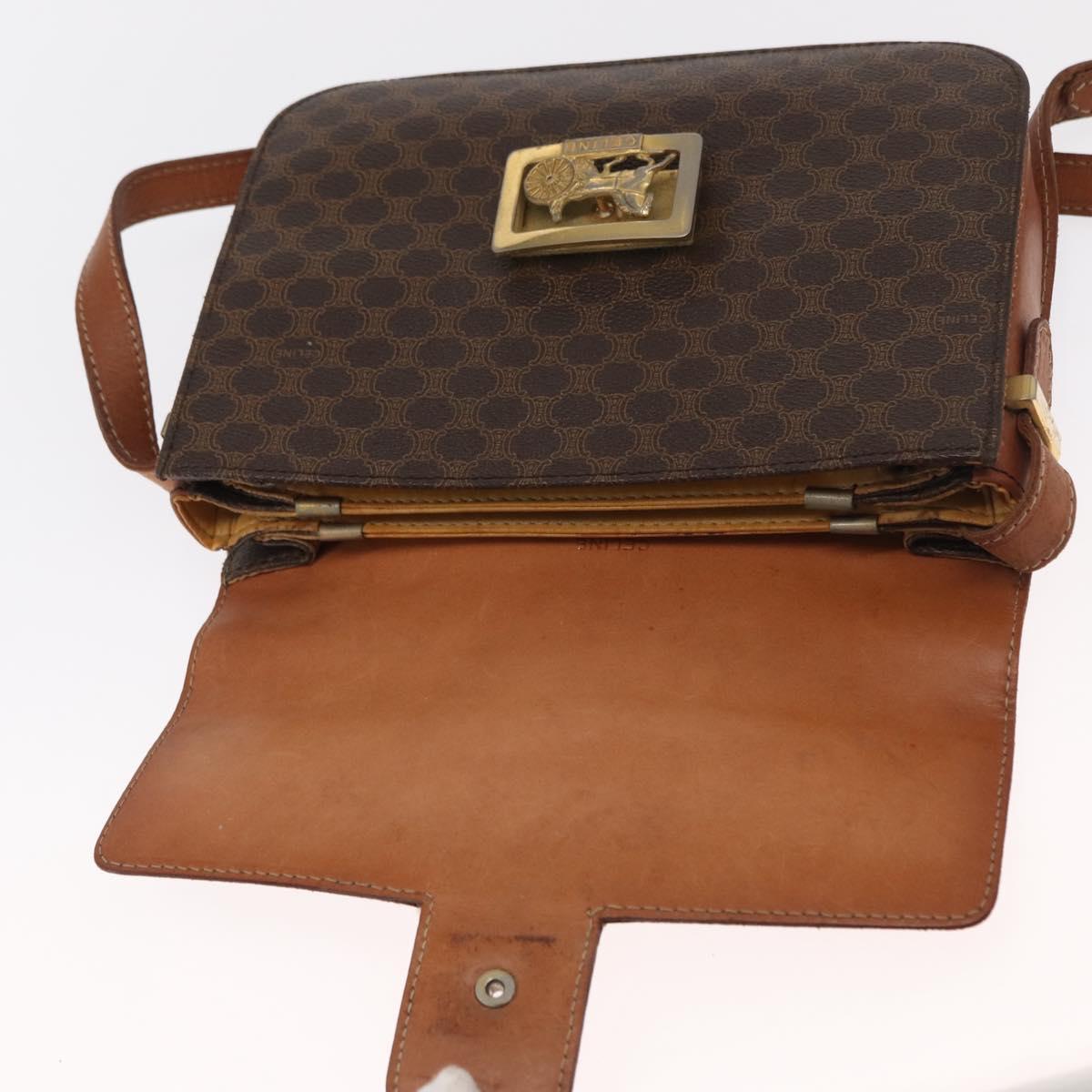 CELINE Macadam Canvas Horse Carriage Bag PVC Leather Brown Gold Auth 159345