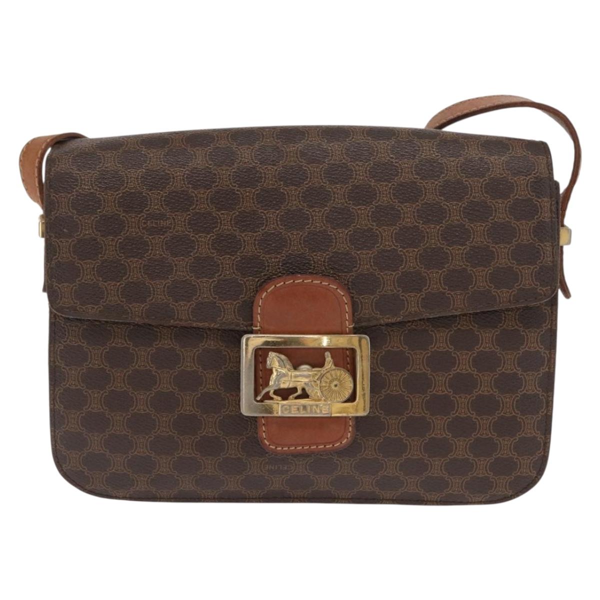 CELINE Macadam Canvas Horse Carriage Bag PVC Leather Brown Gold Auth 159345