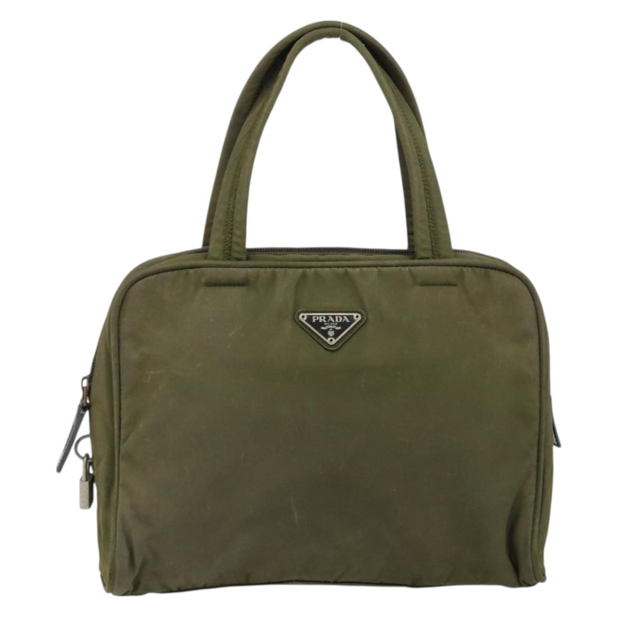 PRADA Hand Bag Nylon Khaki Silver Auth 159348