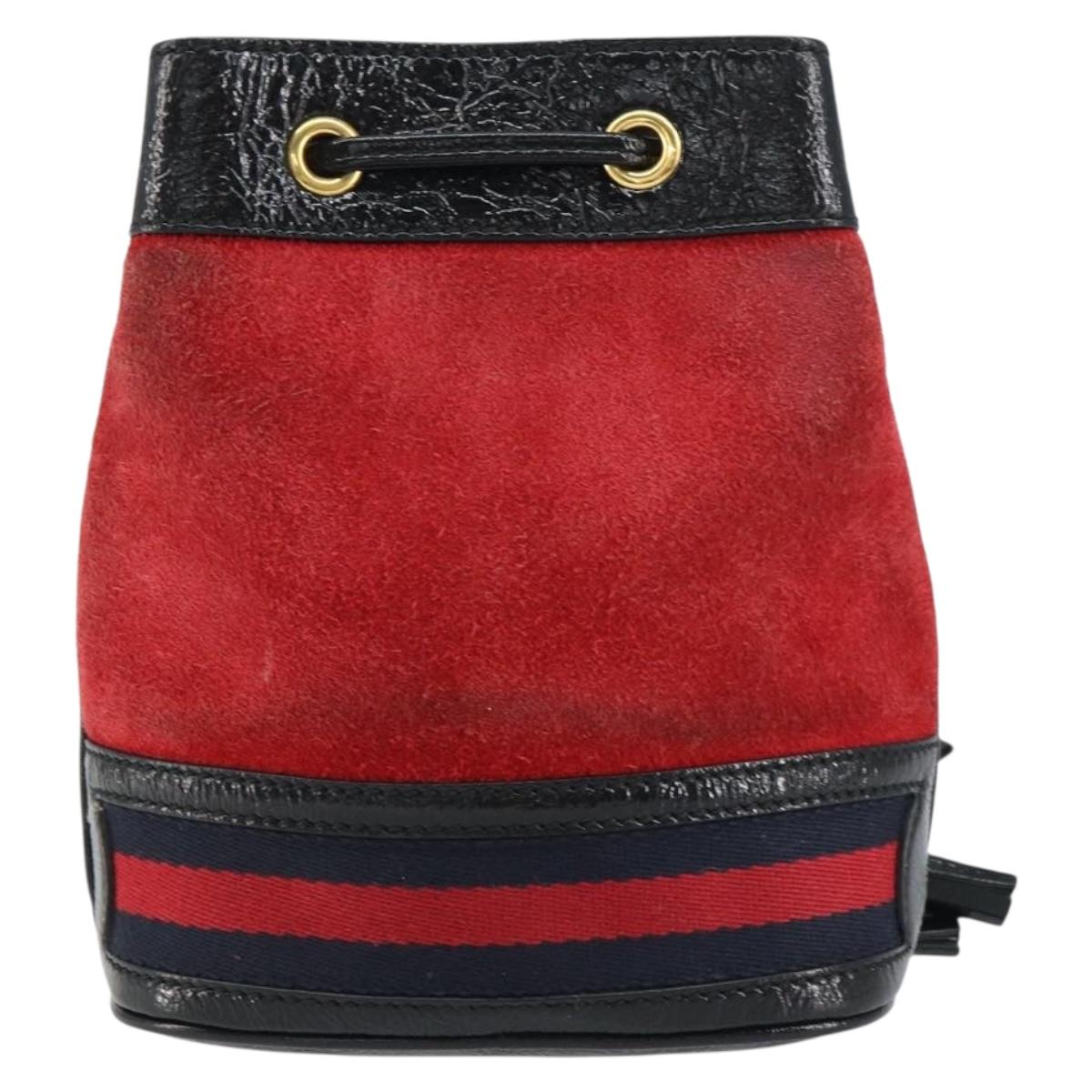 GUCCI Sherry Line Shoulder Bag Suede Red Gold Navy 550620 Auth 159356