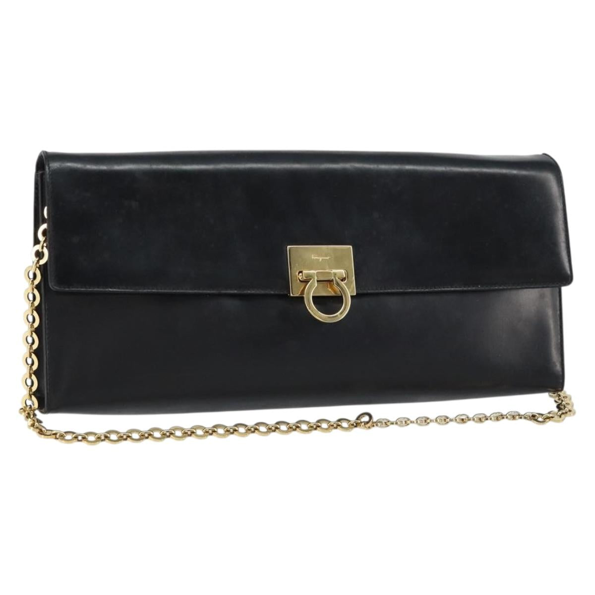 Salvatore Ferragamo Chain Gancini Shoulder Bag Leather Black Gold Auth 159360