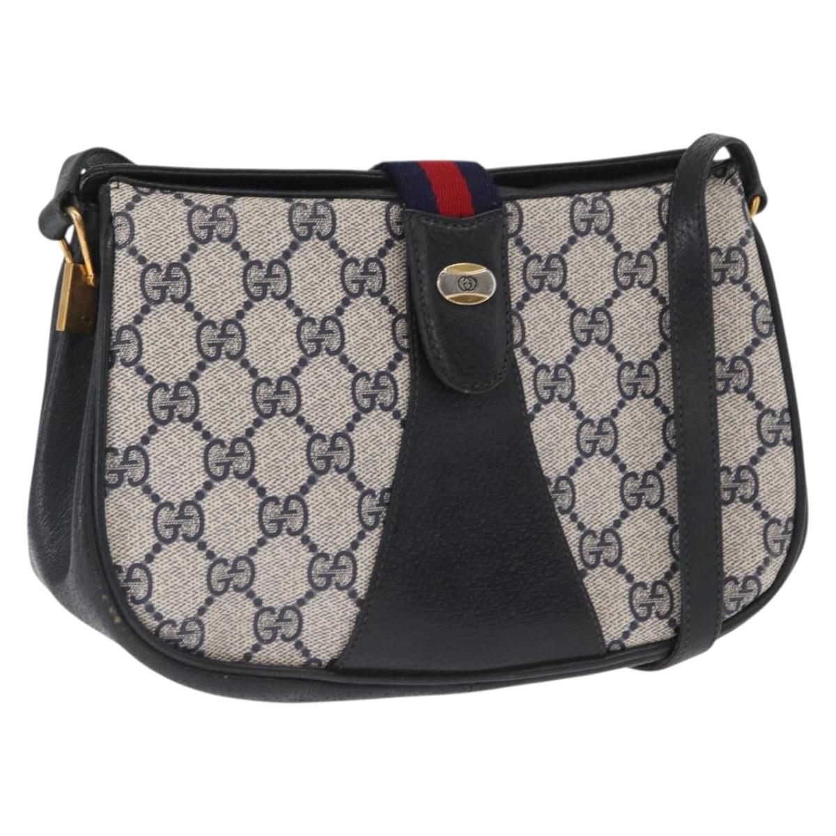 GUCCI GG Supreme Sherry Line Bag PVC Navy Gold Red 10 02 024 Auth 159366