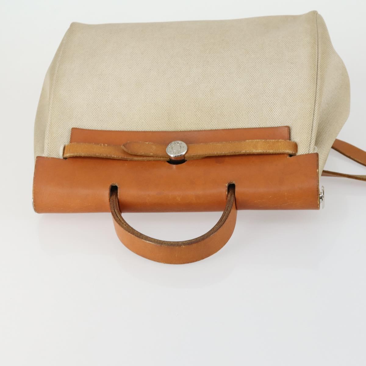 HERMES Herbag Ad PM Backpack Canvas Leather 2way Beige Silver Auth 159367