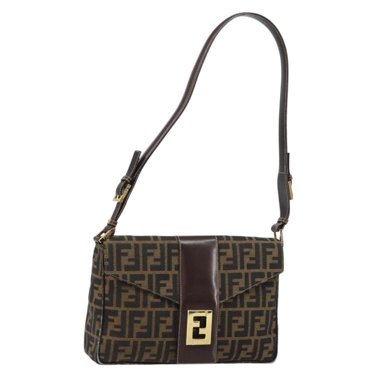 FENDI Zucca Canvas Shoulder Bag Brown Black Auth 159375