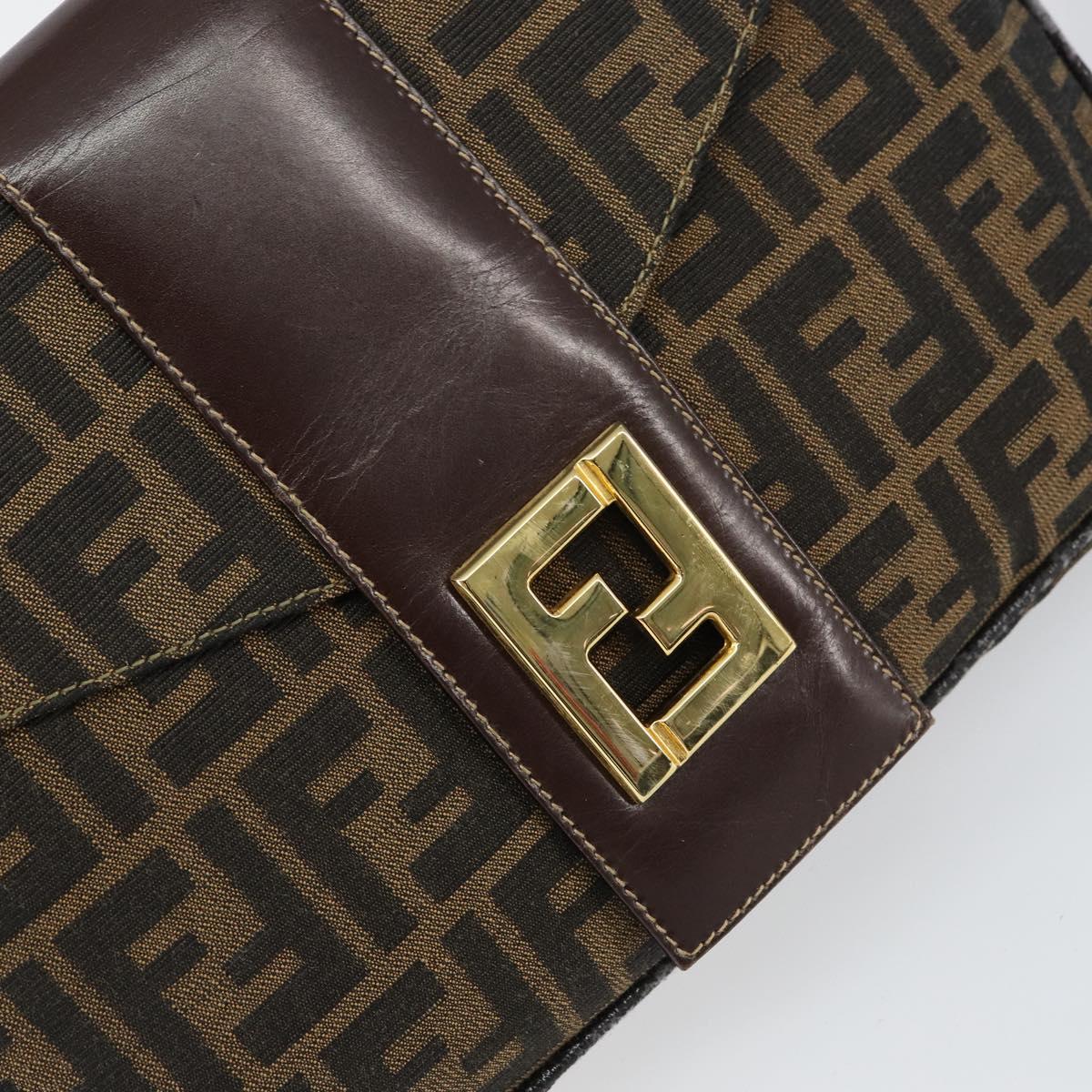 FENDI Zucca Canvas Shoulder Bag Brown Black Auth 159375