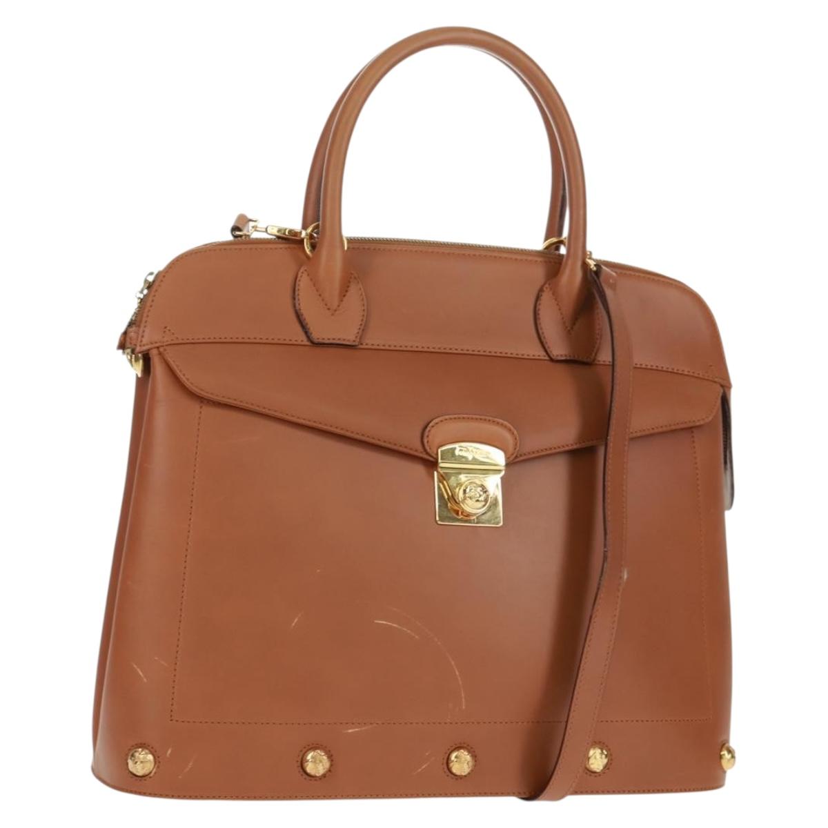 Salvatore Ferragamo Hand Bag Leather 2way Brown Gold Auth 159378