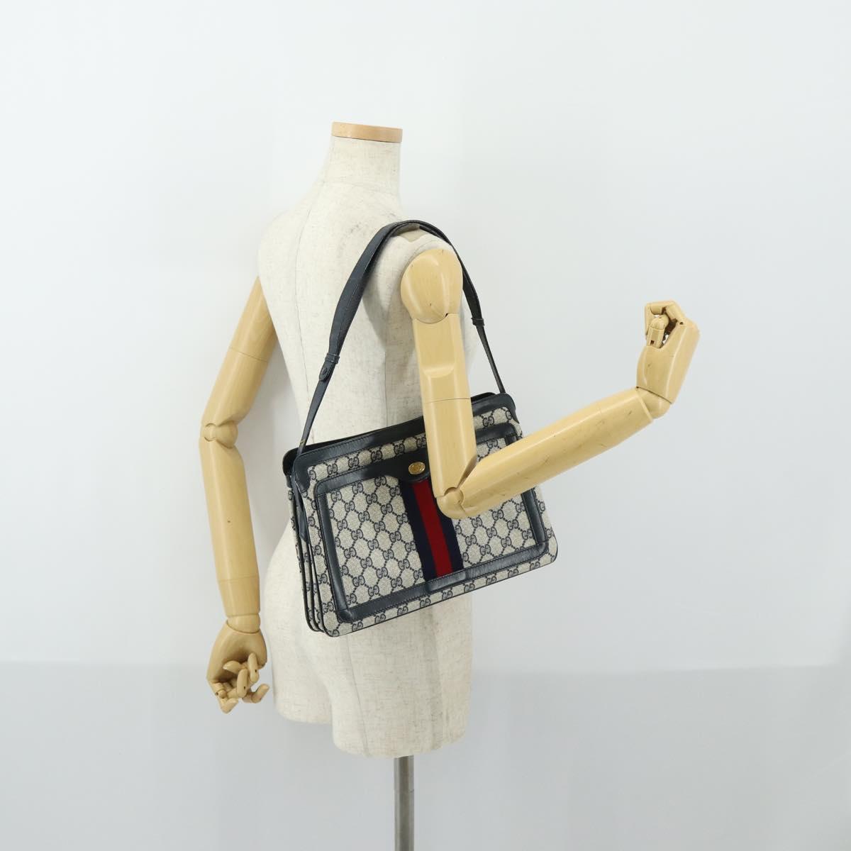GUCCI GG Supreme Sherry Line Shoulder Bag PVC Navy Gold 010 378 Auth 159381