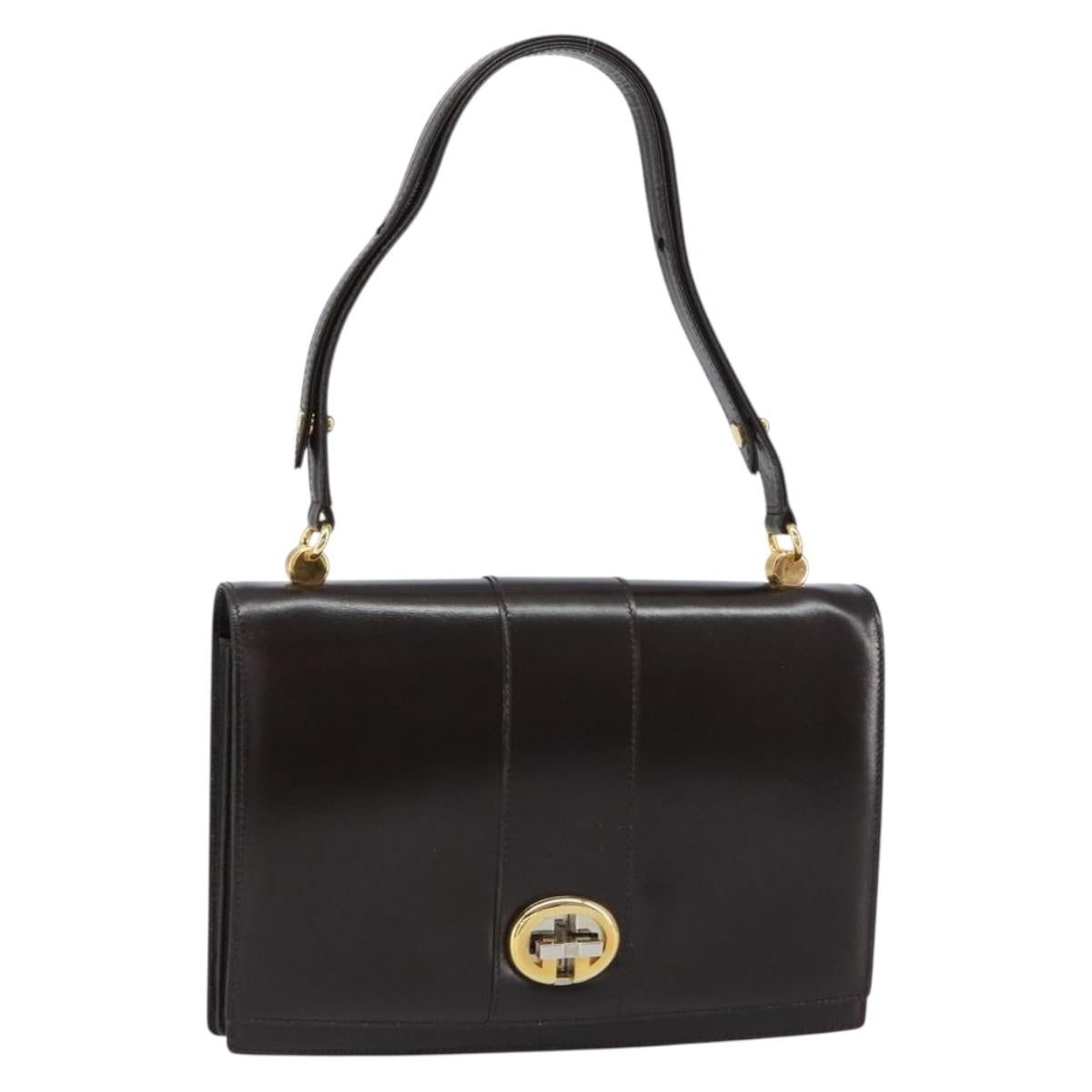 GUCCI Shoulder Bag Leather Dark Brown Gold Auth 159402