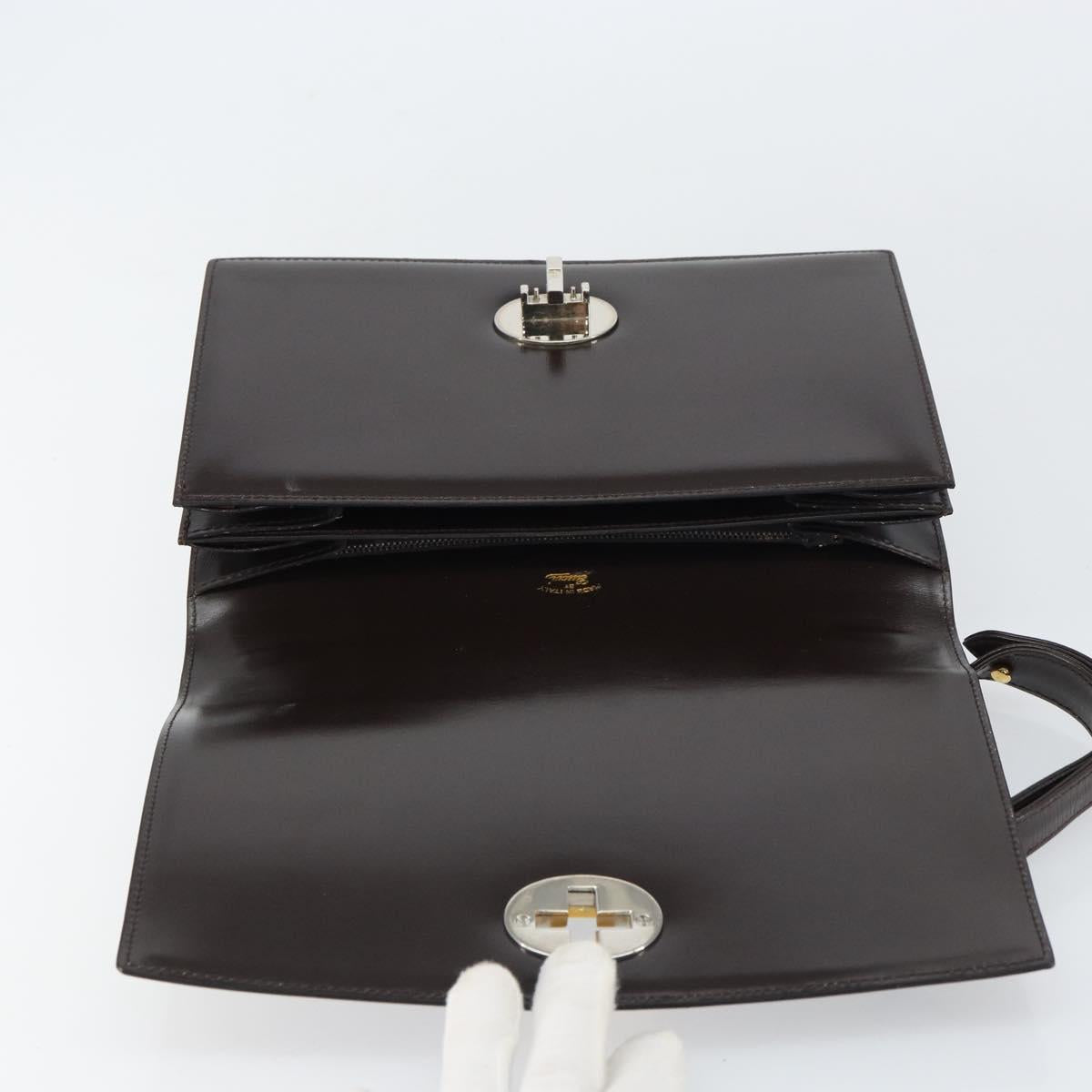 GUCCI Shoulder Bag Leather Dark Brown Gold Auth 159402
