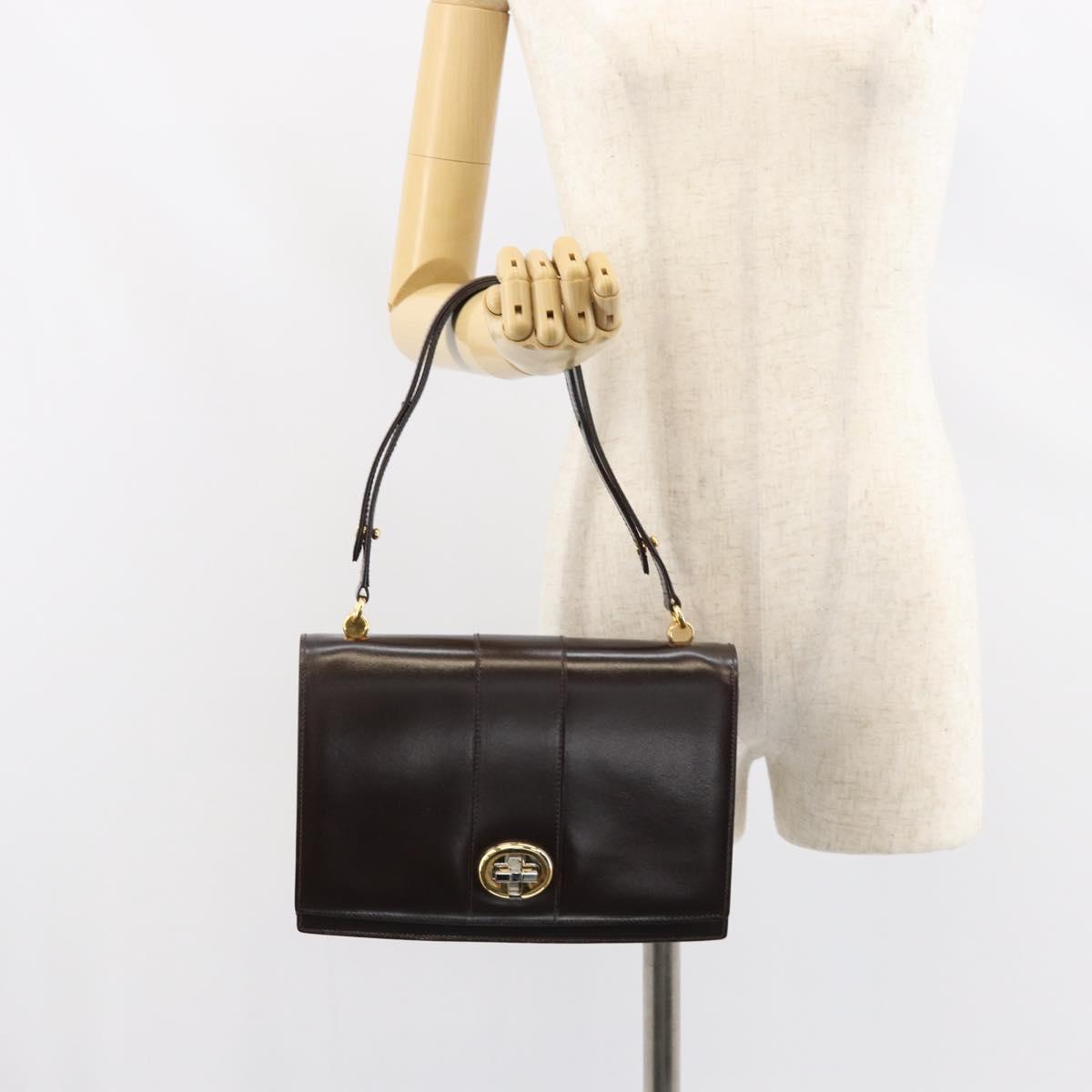 GUCCI Shoulder Bag Leather Dark Brown Gold Auth 159402