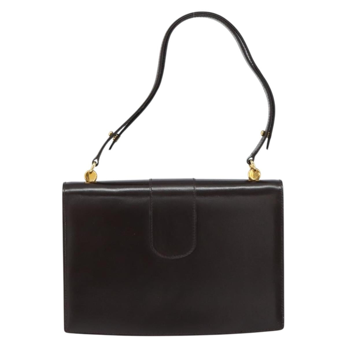GUCCI Shoulder Bag Leather Dark Brown Gold Auth 159402