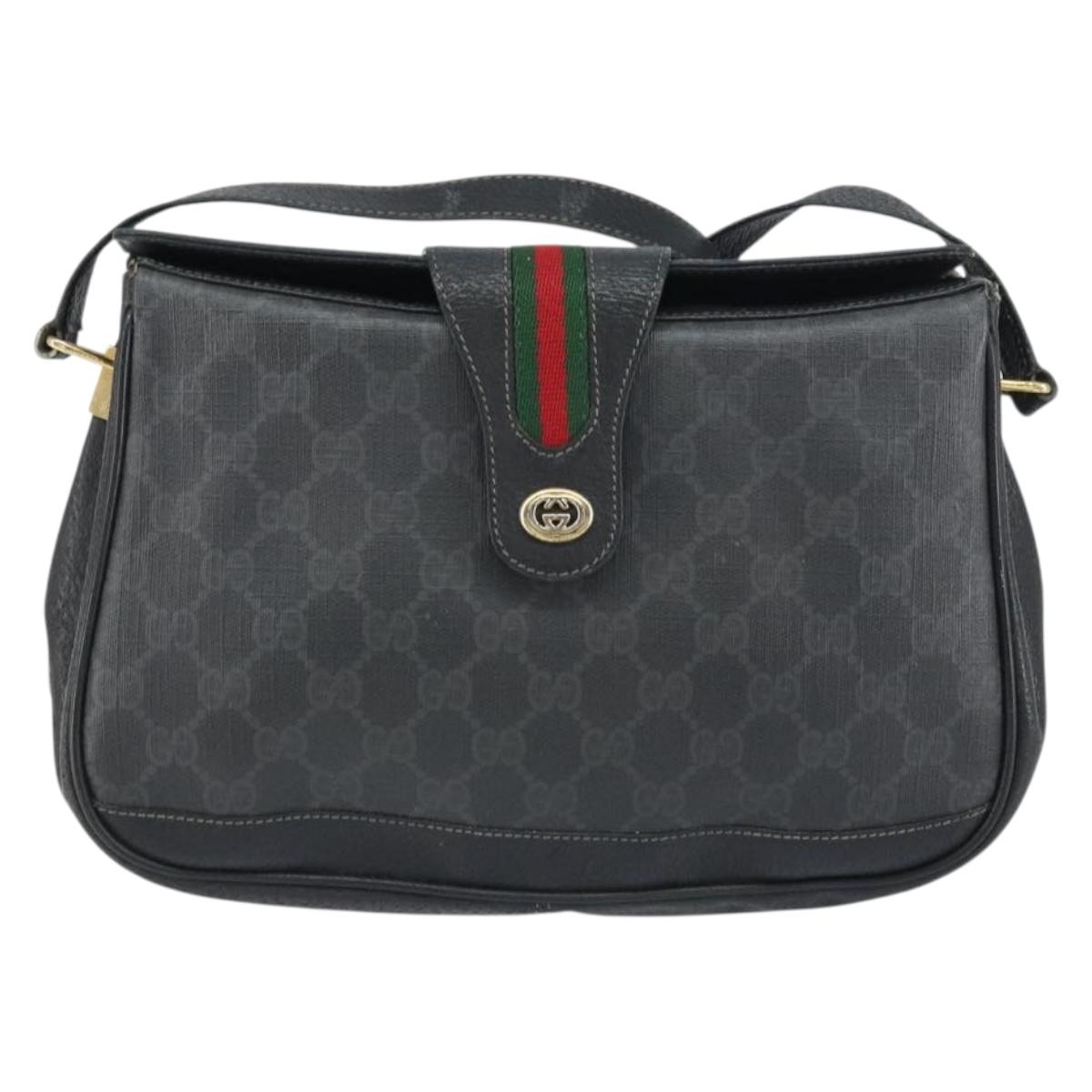 GUCCI GG Supreme Web Sherry Line Bag PVC Black Gold 116 02 076 Auth 159403