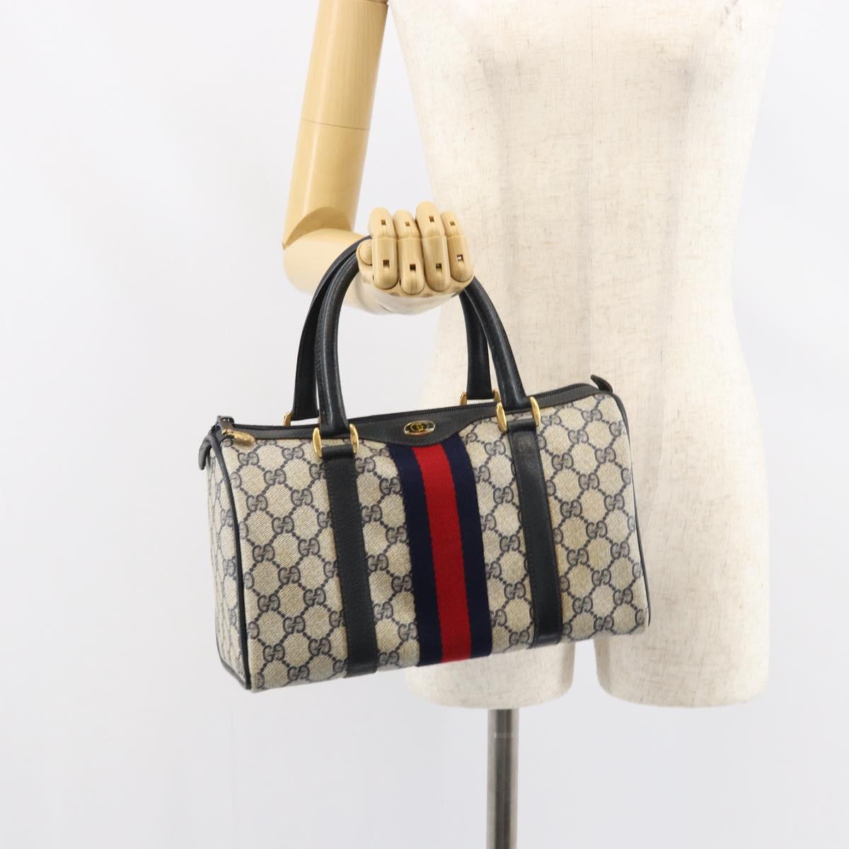 GUCCI GG Supreme Sherry Line Boston Bag PVC Navy Gold 69 02 006 Auth 159404