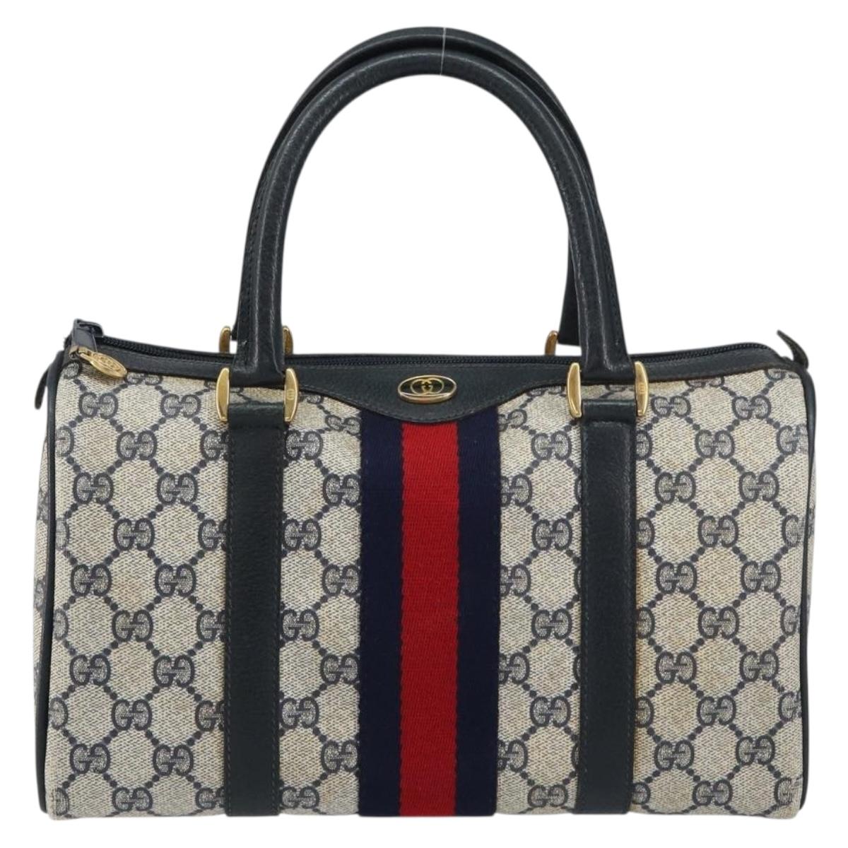 GUCCI GG Supreme Sherry Line Boston Bag PVC Navy Gold 69 02 006 Auth 159404