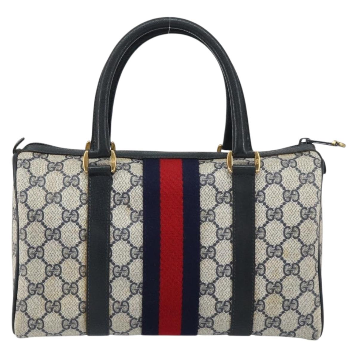 GUCCI GG Supreme Sherry Line Boston Bag PVC Navy Gold 69 02 006 Auth 159404