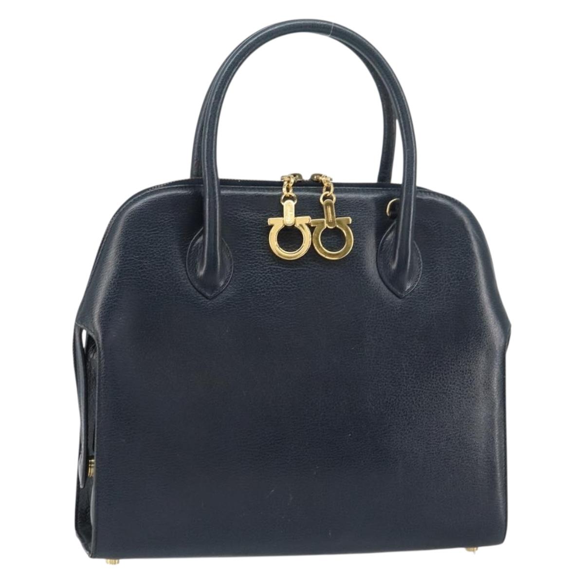 Salvatore Ferragamo Gancini Hand Bag Leather Navy Gold Auth 159421