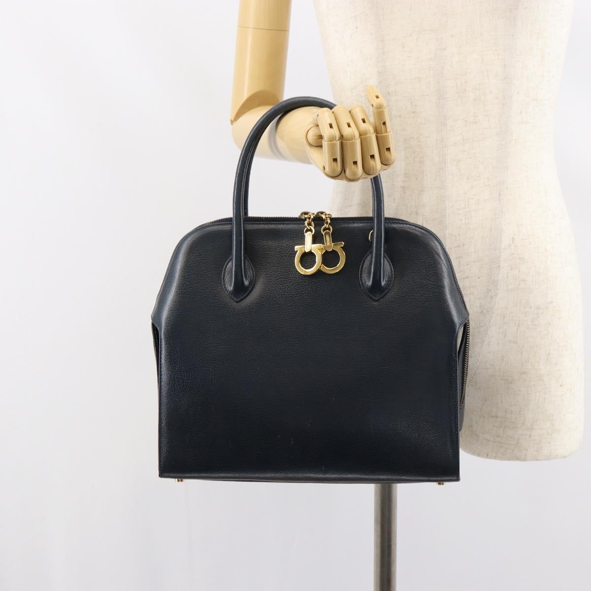 Salvatore Ferragamo Gancini Hand Bag Leather Navy Gold Auth 159421