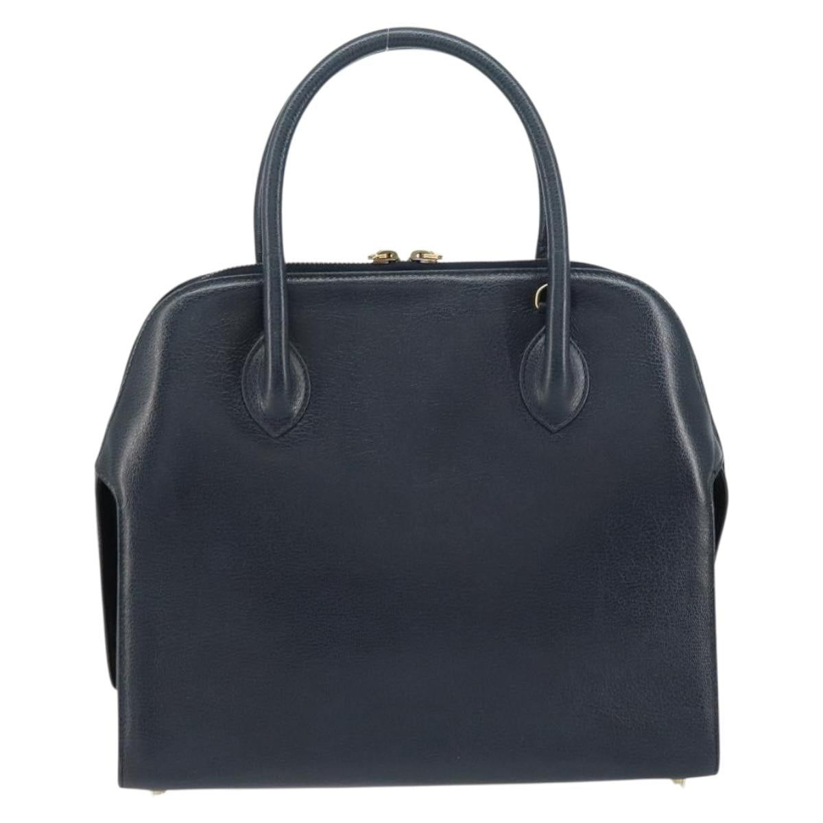 Salvatore Ferragamo Gancini Hand Bag Leather Navy Gold Auth 159421