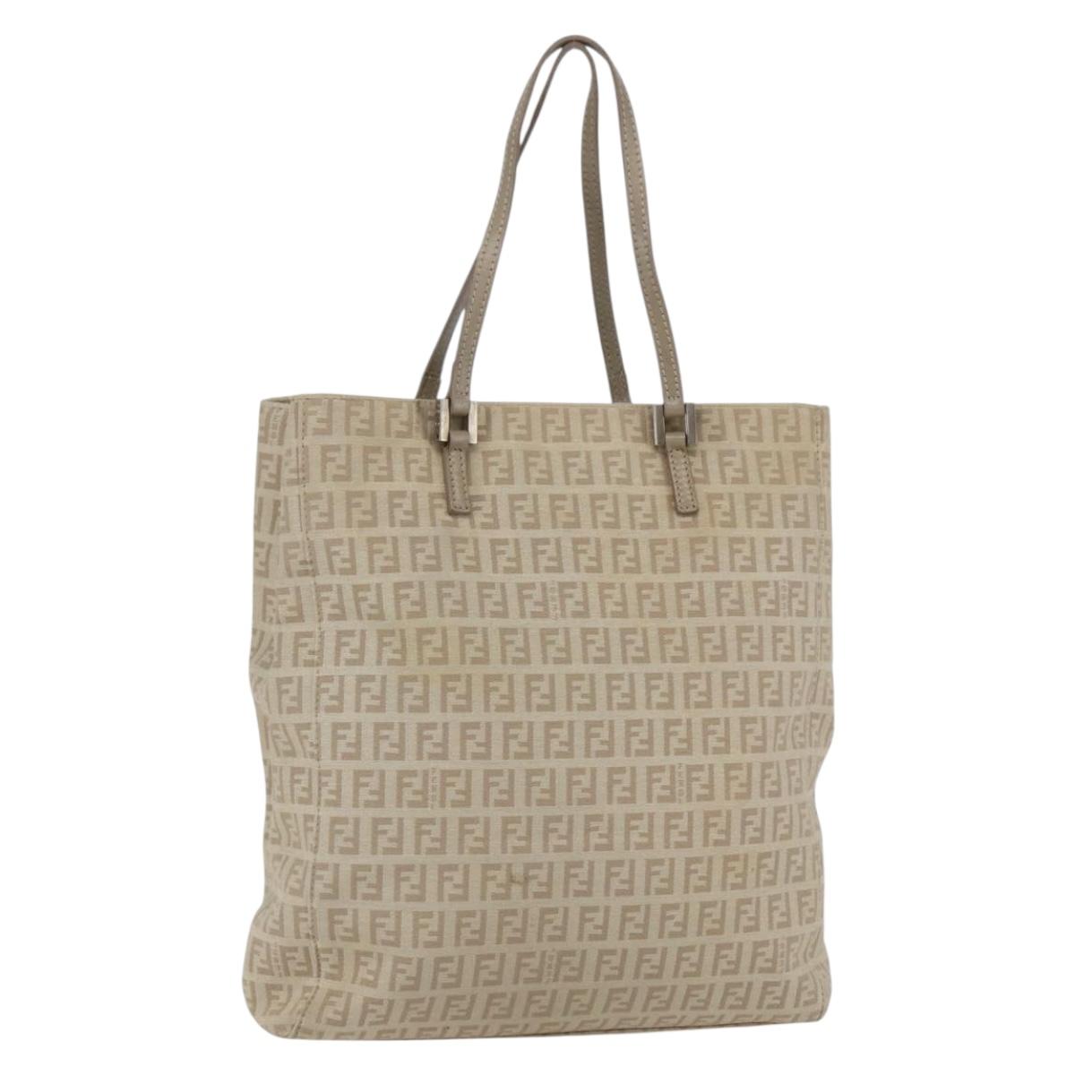 FENDI Zucchino Canvas Tote Bag Beige Gold Auth 159426