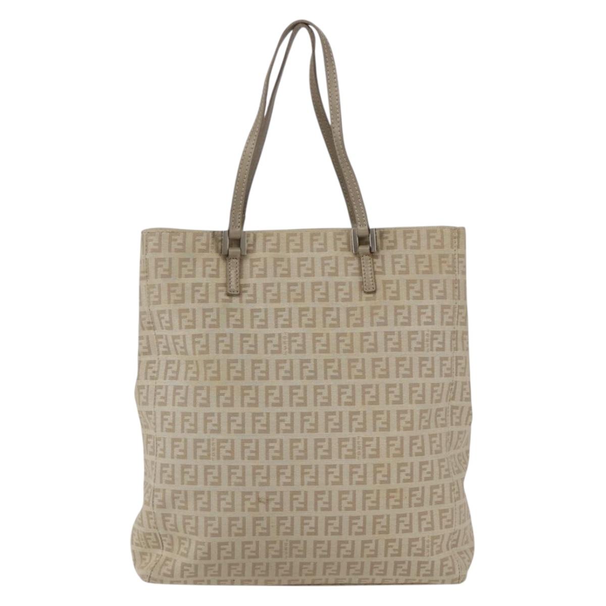 FENDI Zucchino Canvas Tote Bag Beige Gold Auth 159426
