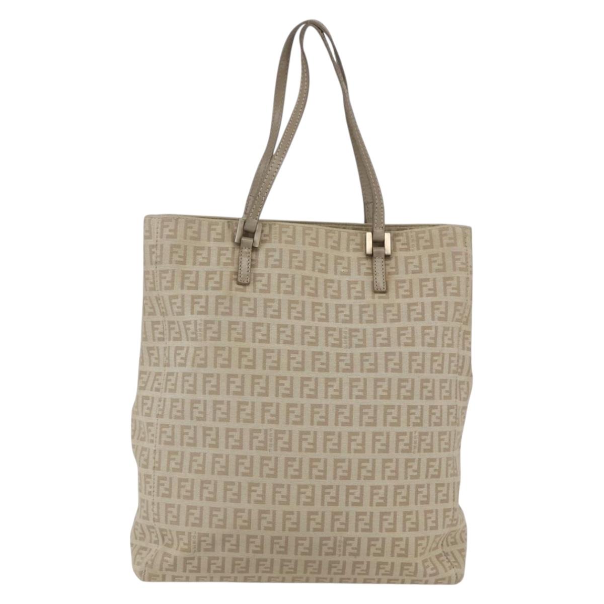 FENDI Zucchino Canvas Tote Bag Beige Gold Auth 159426